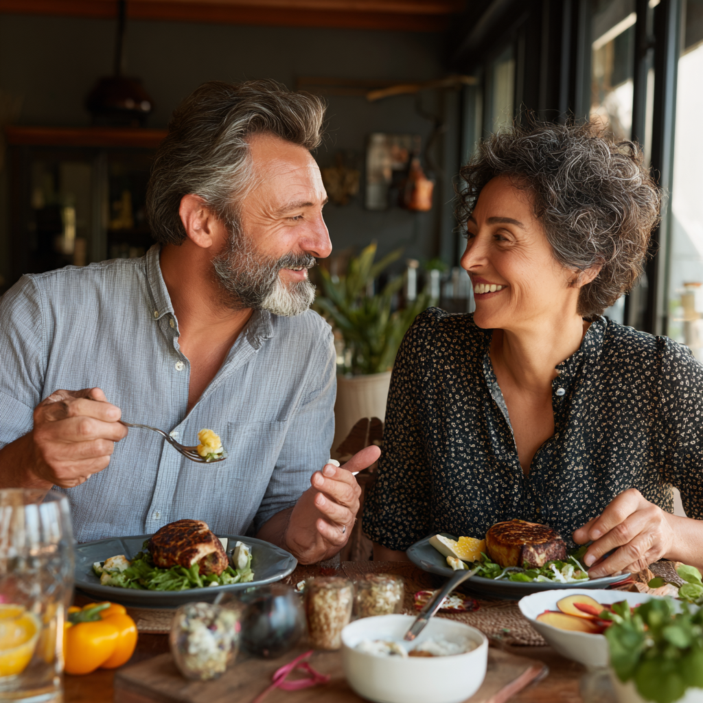 Adult man and woman enjoying healthy meal together at home