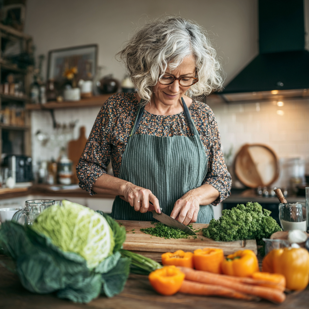 Middle-aged woman preparing fresh vegetables for a balanced meal